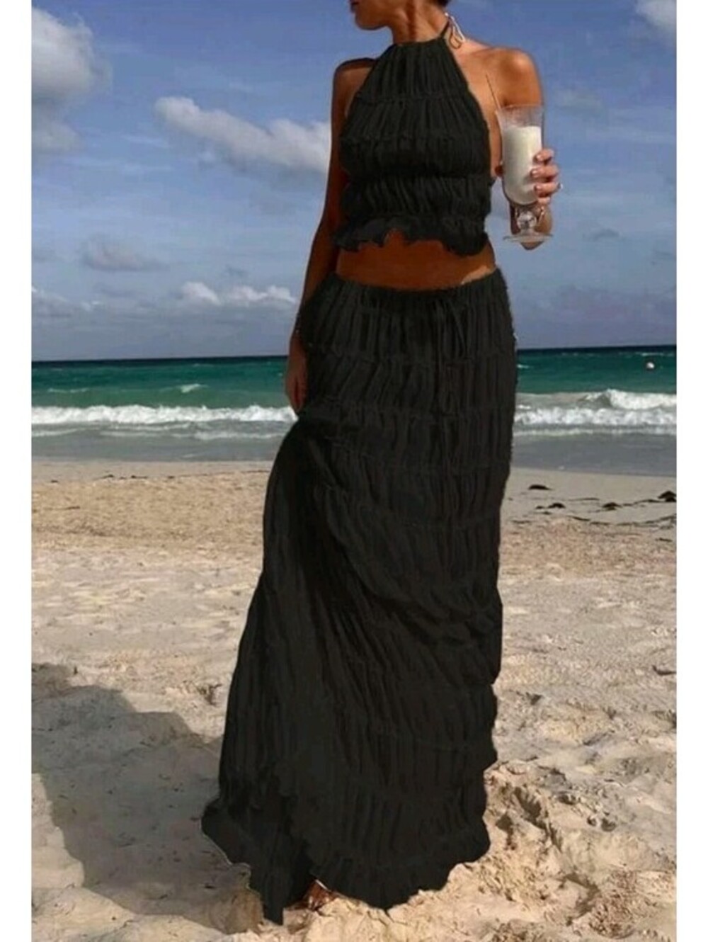 Anthropology Mable Rushed Maxi Ruffle Skirt And Halter Top Set Small Black New